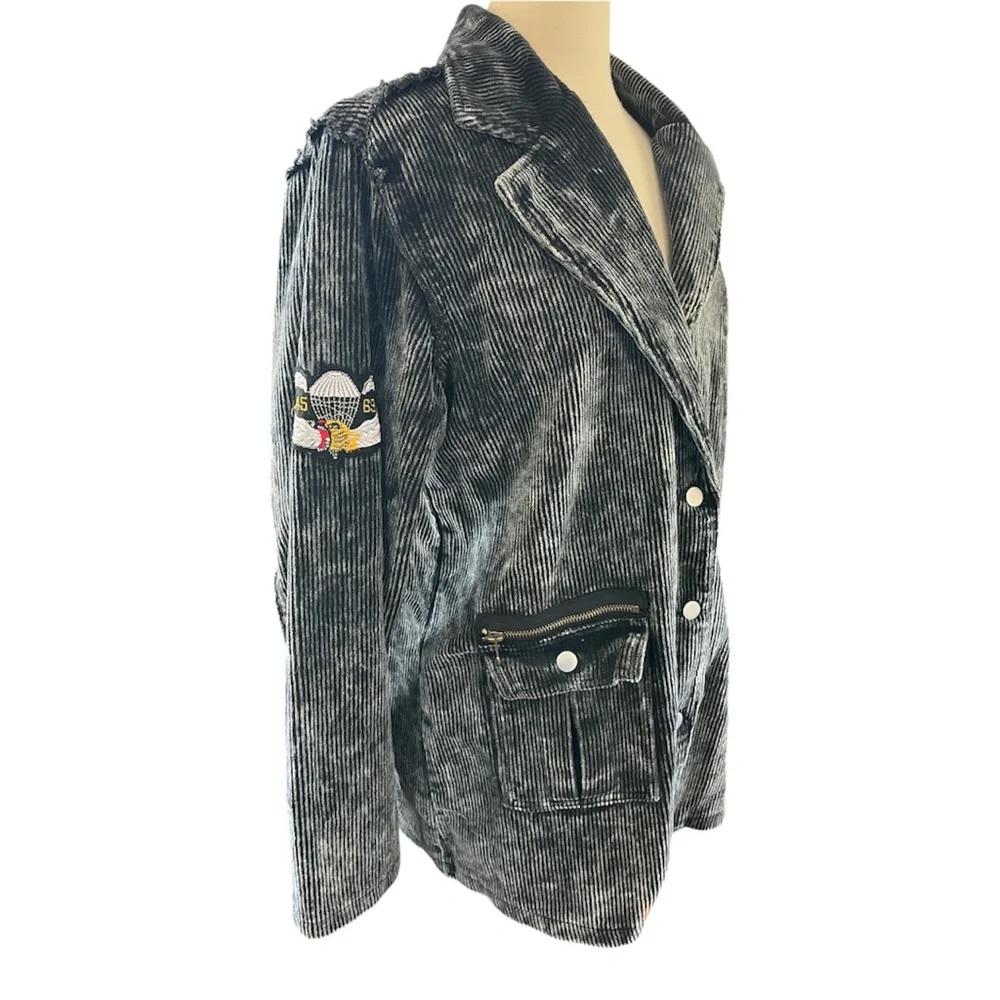 POL Kennedy Military Black Corduroy Jacket Vintage Patch detail & Pockets Size L - Picture 3 of 17